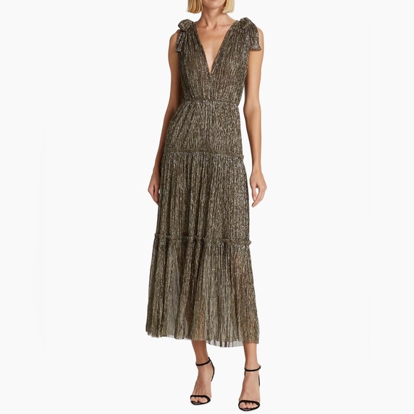 NWOT Sabina Musáyev Helena Gold Metallic Tiered Maxi Dress Removable Belt XS - Picture 3 of 14